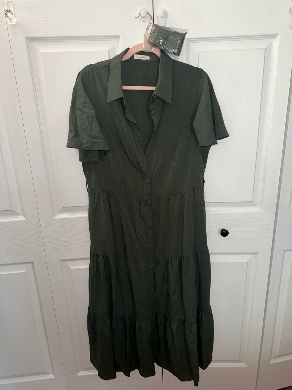 Ladies' Olive Green Button-Front Tiered Collared Dress